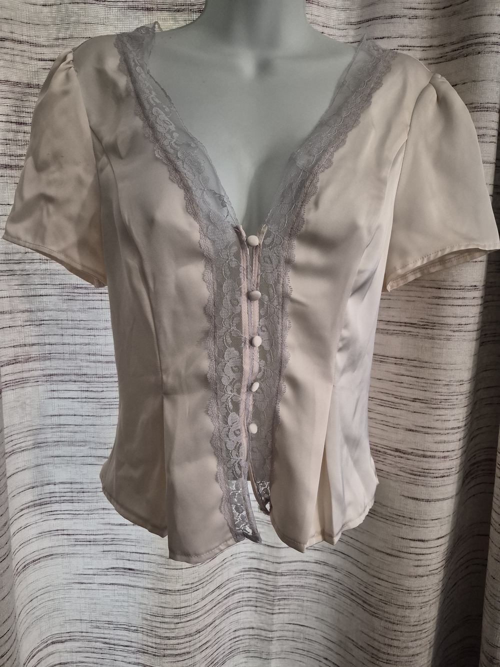 Ivory Satin Lace Trim Button-Front Blouse - Picture 3 of 7